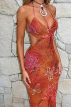 Vintage Printed Floral Lace-Up Floral Dress