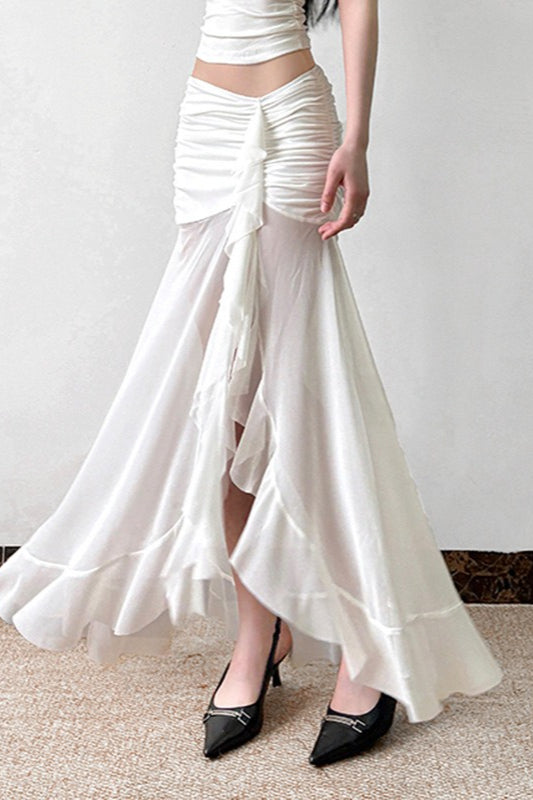 Mesh Panel Ruffle Tie Detail Maxi Skirt