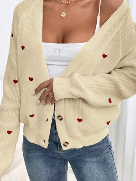 Heart Embroidery V-Neck Knit Cardigan