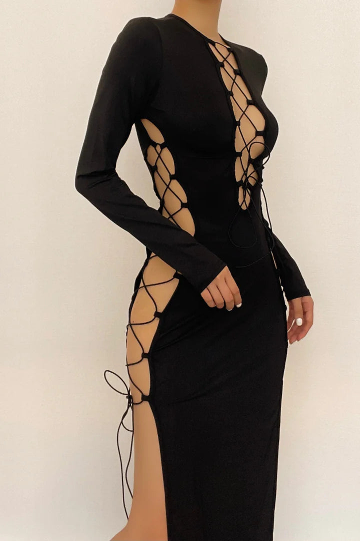 Sexy Hollow Tie Detail Long Sleeve Bodycon Maxi Dress