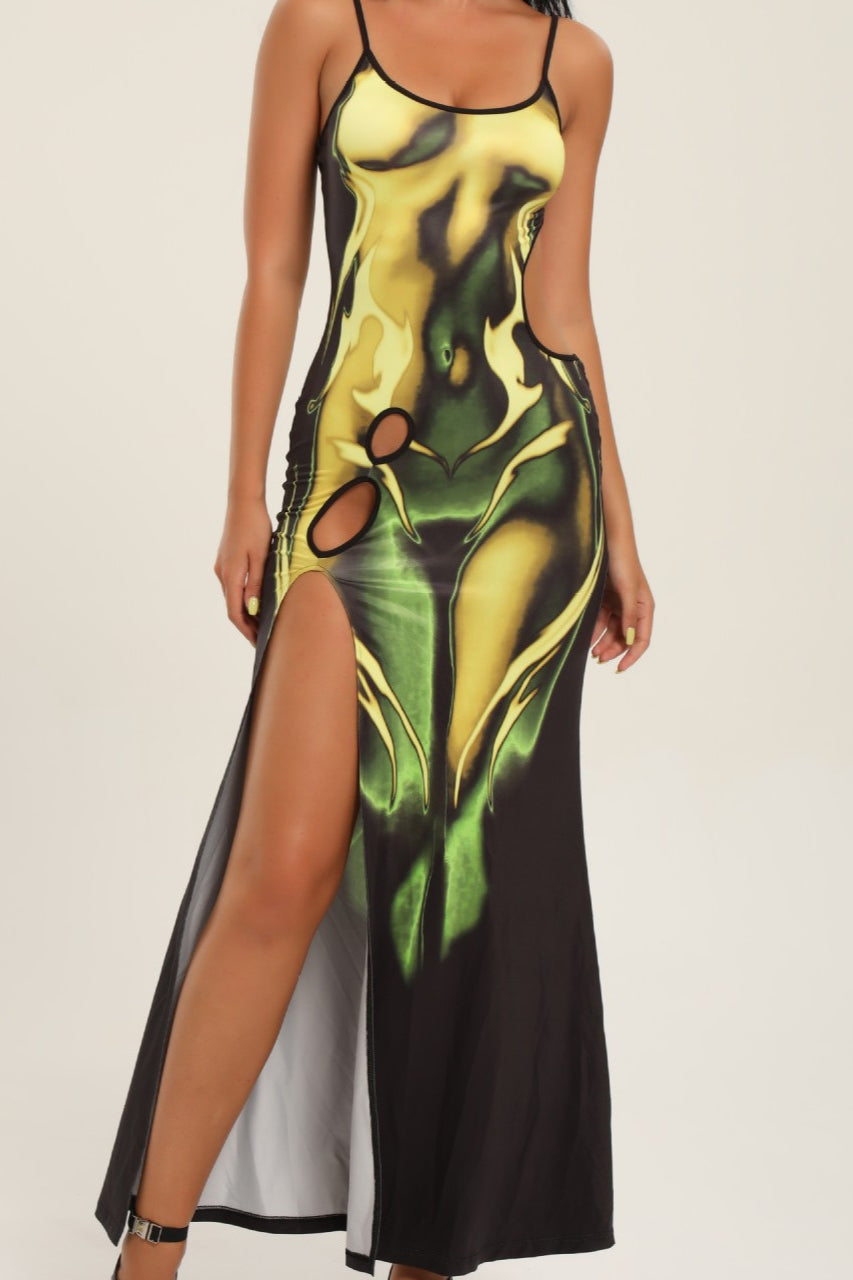 Sexy Hollow Slit Flame Print Bodycon Maxi Dress