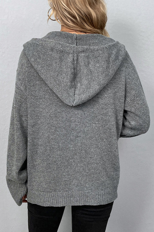 Solid Color Hooded Button Drawstring Knit Cardigan