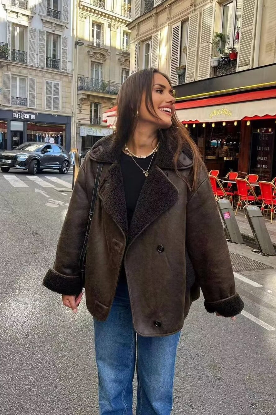 Faux Shearling Collared Casual Coat