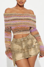 Vintage Color Block Off Shoulder  Blouse