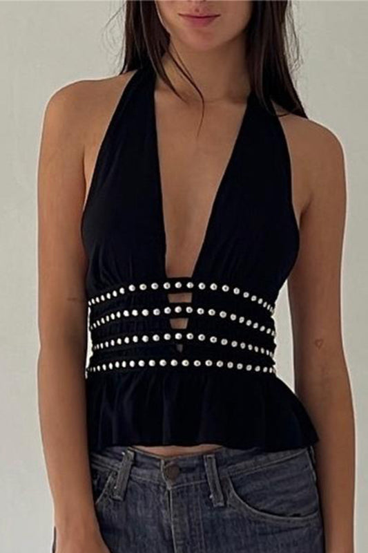 Halter Studded Deep V Knit Top