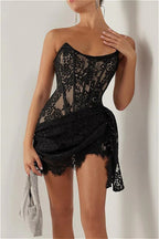 Lace Sheer Patchwork Strapless Floral Dress