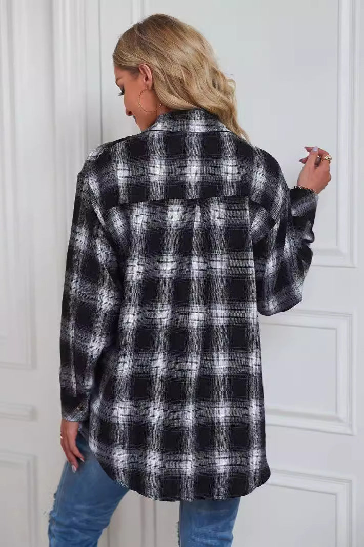 Casual Boyfriend Fit Plaid Collared Blouse