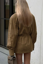 High Neck Cinched Waist Suede Jacket