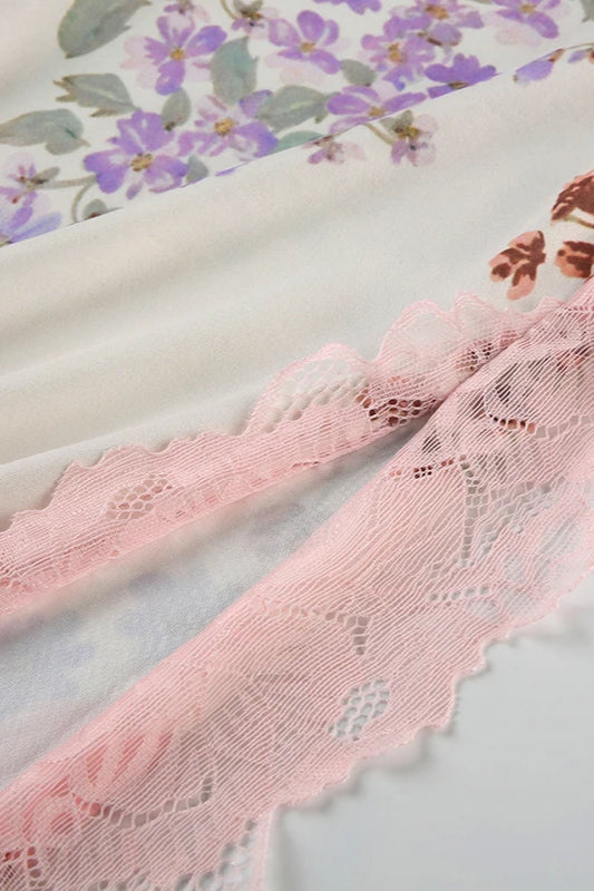 Flower Print Lace Trim Backless Floral Dress