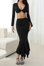 Elegant Fitted Bell Sleeve Top Tail Skirt Two Pieces Set