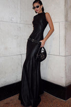 Trendy High Neck Sleeveless PU Leather Maxi Dress