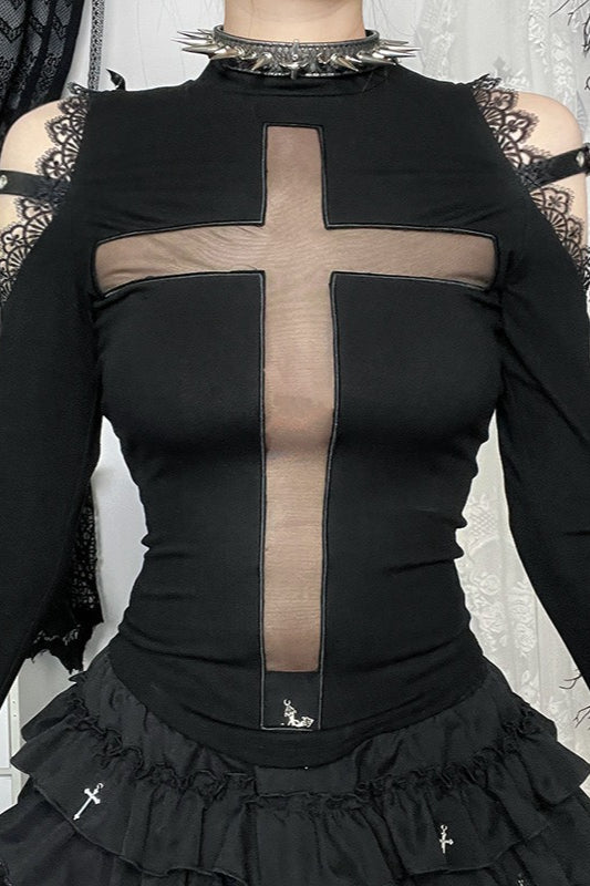Gothic Cross Sheer Long Sleeve T-Shirt