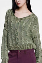 V-Neck Long Sleeve Cable Knit Sweater