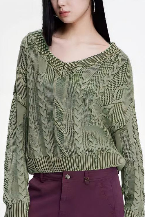 V-Neck Long Sleeve Cable Knit Sweater