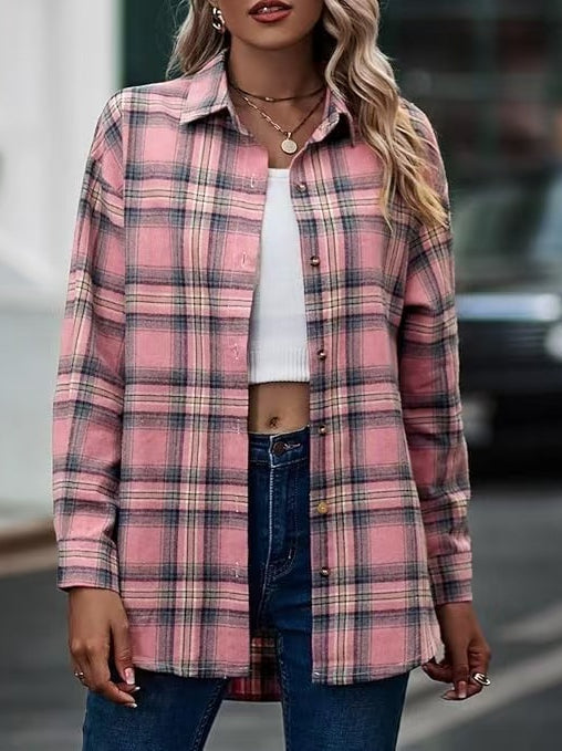 Plaid Oversized Button-Up Blouse