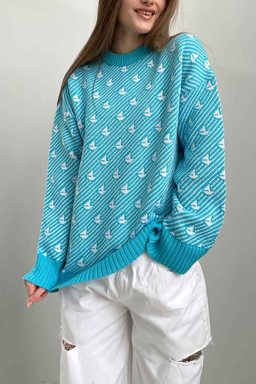 Sailboat Pattern Crew Neck Knit Sweater