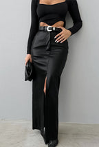 Khaki PU Leather High Waist Split Midi Skirt