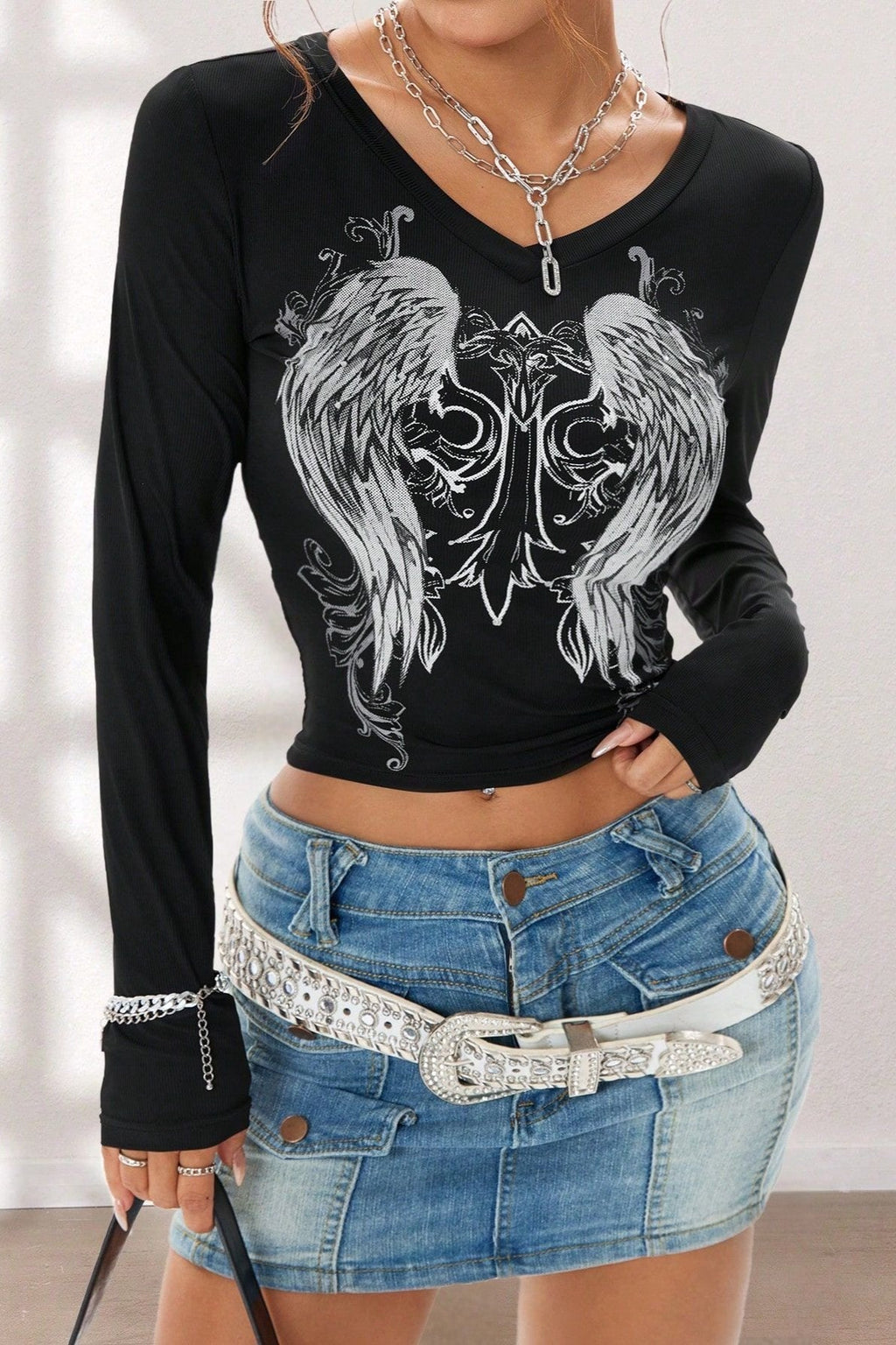Y2K Gothic Wing V-Neck Long Sleeve T-Shirt