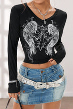 Y2K Gothic Wing V-Neck Long Sleeve T-Shirt