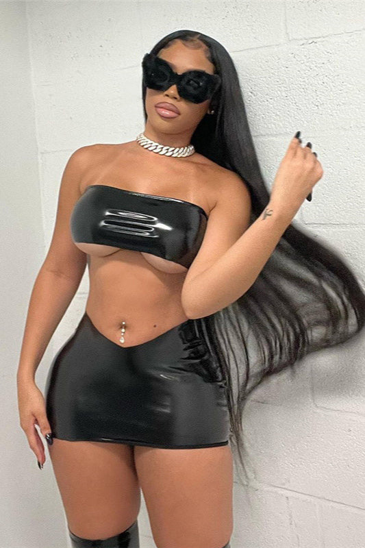 Sexy Strapless Crop Top Low-Waisted Bodycon Skirt Two Pieces Set