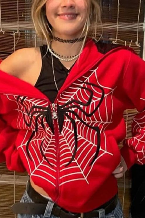 Spider Web Print Zip Up Hoodie