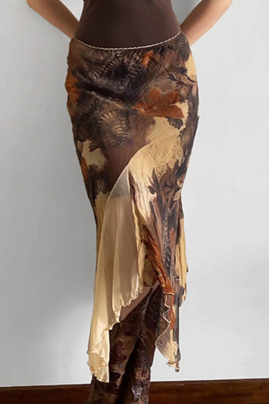 Color-Blocked Floral Print Bodycon Midi Skirt