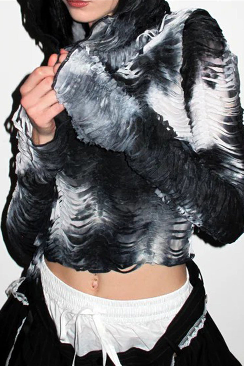 Ruched Distressed Hooded T-Shirt