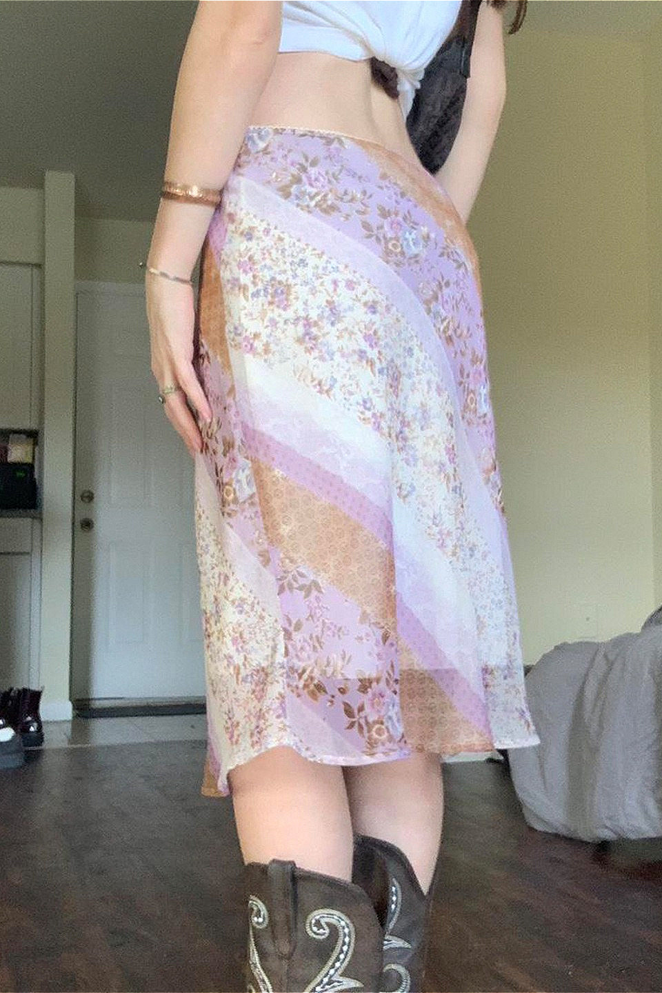 Mesh Spliced Floral Print A-Line Maxi Skirt