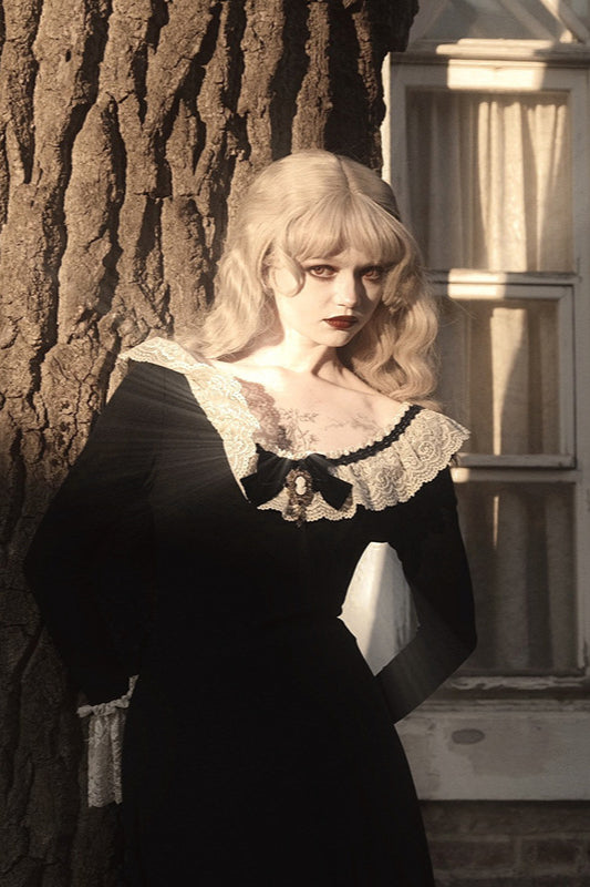 Vintage Lace Ruffle Dark Academia Maxi Dress