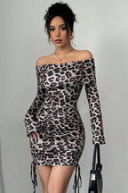 Leopard Print Off Shoulder Ruched Mini Dress