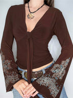 Vintage V Neck Printed Long Sleeve Blouse