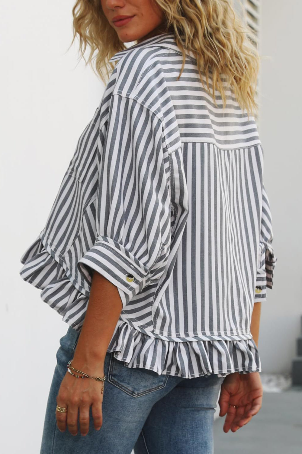 Striped Loose Fit Lace Hem Blouse