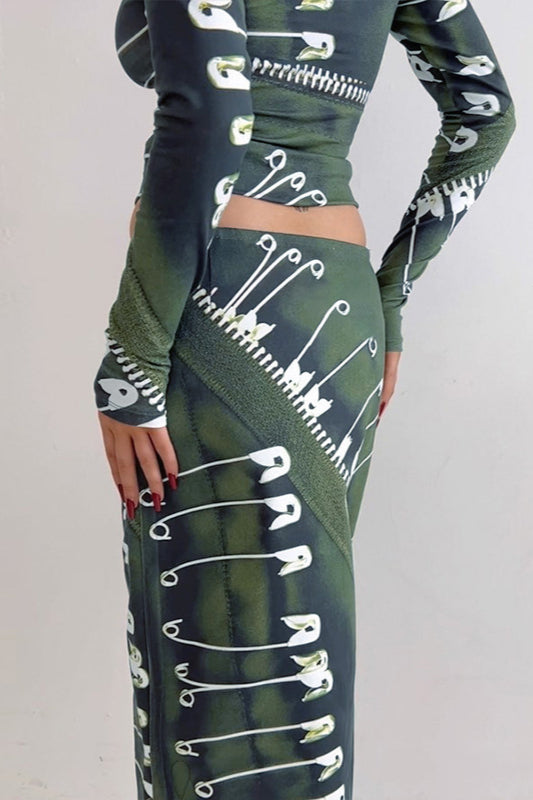 Vintage Metal Lock Print Long Sleeve Top Bodycon Skirt Two Pieces Set