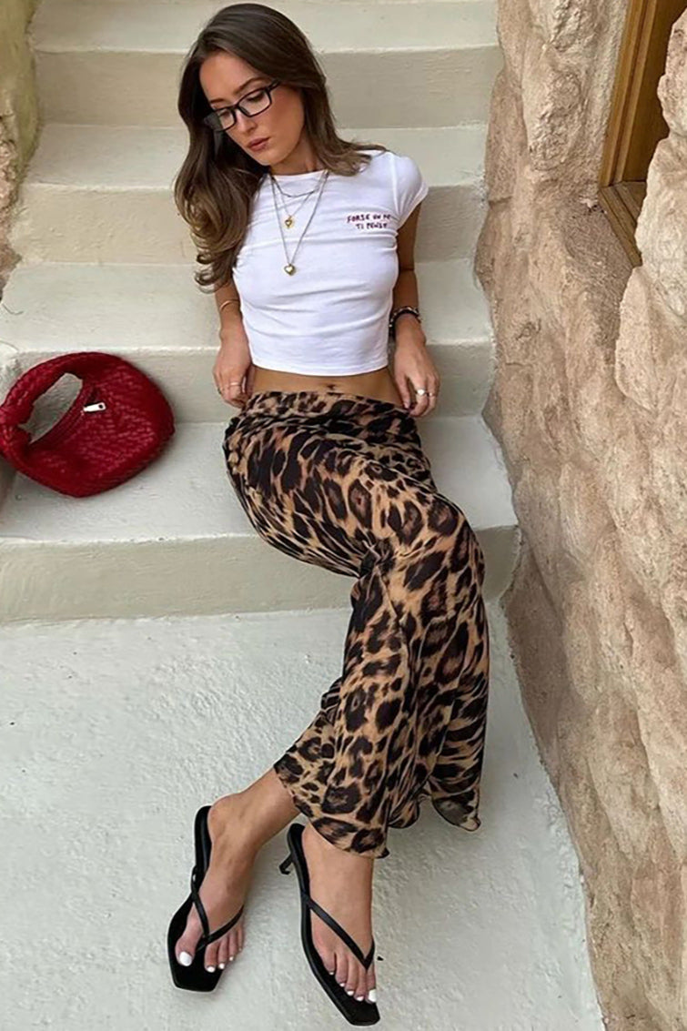 Leopard Print High Waist Midi Skirt