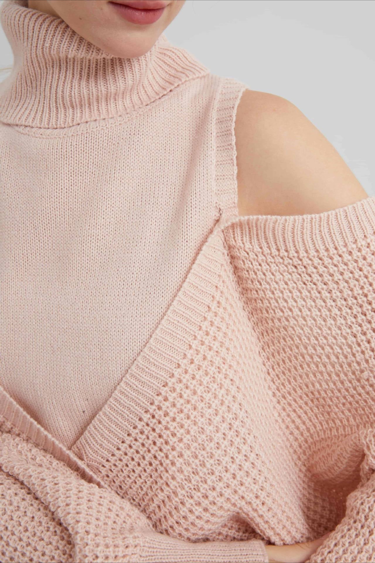 High Neck Off-Shoulder Double Layer Knit Sweater