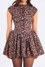 Leopard Pleated Backless Round Neck Mini Dress