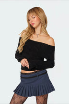 Off-Shoulder Fitted Knit Sweater