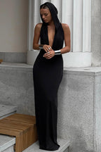 Fashionable V-Neck Backless Hooded Bodycon Maxi Dress