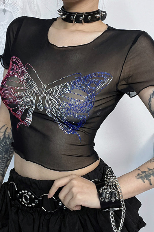Sexy Mesh Butterfly Print Knit Top