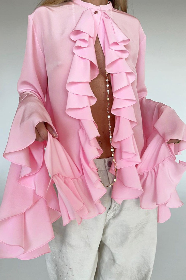 Elegant Ruffle Trim Button Blouse