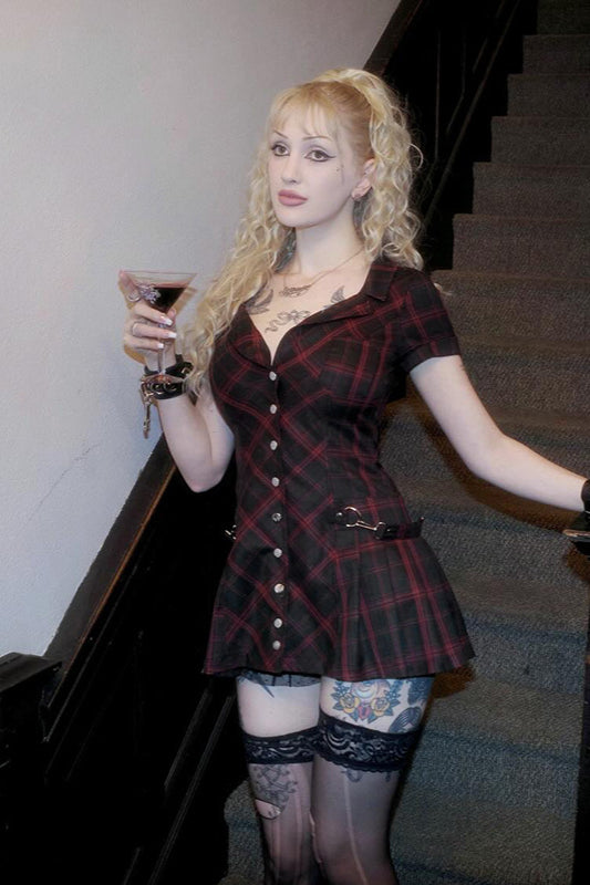 Punk Gothic Deep V Plaid Mini Dress