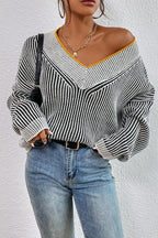 Striped Colorblock V-Neck Batwing Sweater