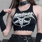 Black Knitted Grunge Punk Goth Goat Head Print Summer Sexy Sleeveless O-neck Crop Top
