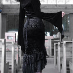 Goth Dark Vintage Mall Gothic Ruffles Mermaid Grunge Aesthetic Lace Hem Midi Women Elegant Skirt