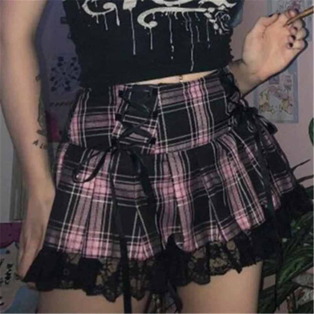 Mall Gothic Grunge Summer Mini Women Y2K Vintage Lace Harajuku Streetwear High Waist Bandage Sexy Skirt