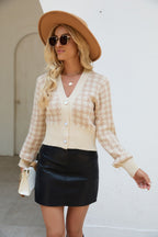 Houndstooth V-Neck Knit Balloon Sleeves Cardigan