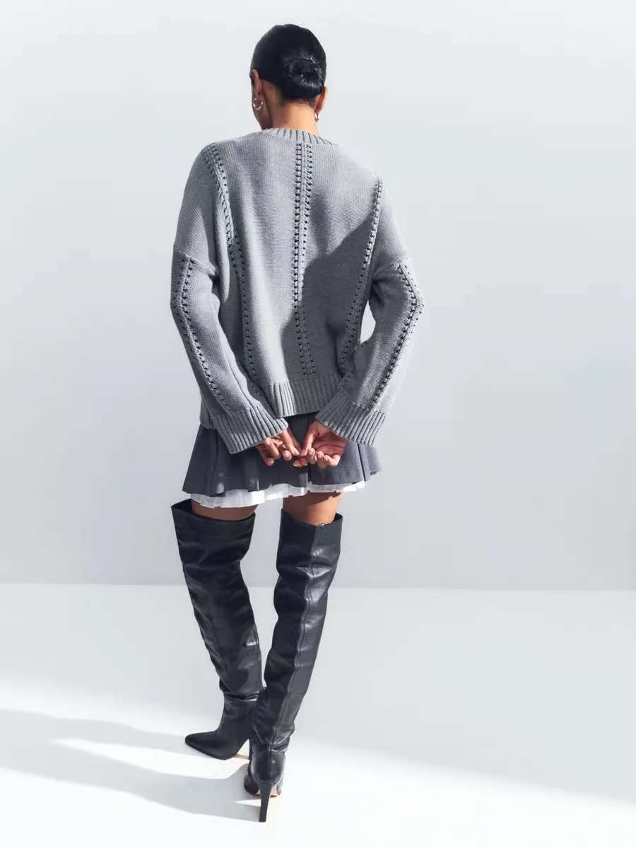 Casual Hollow Knit Crewneck Sweater