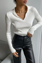 Polo Neck Fitted Ribbed Knit Sweater