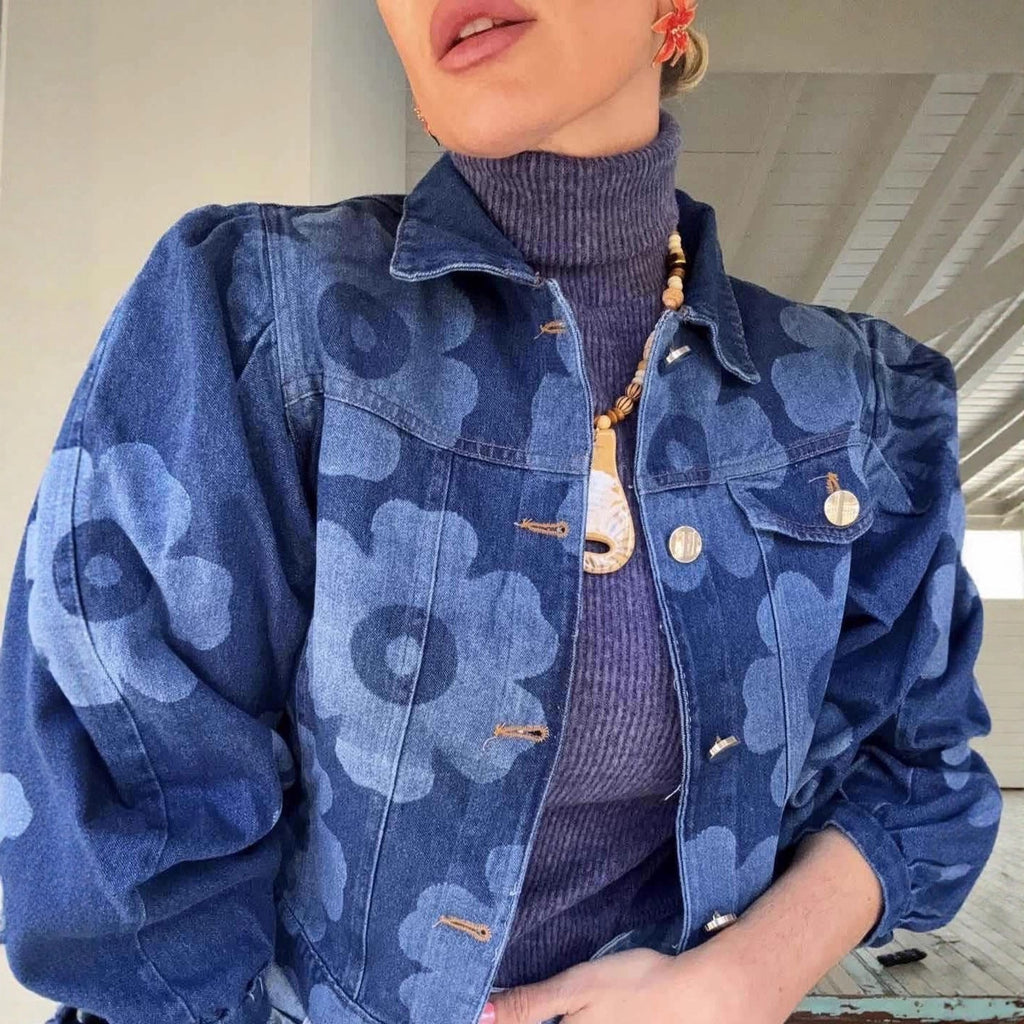 Short Collar Floral Denim Jacket