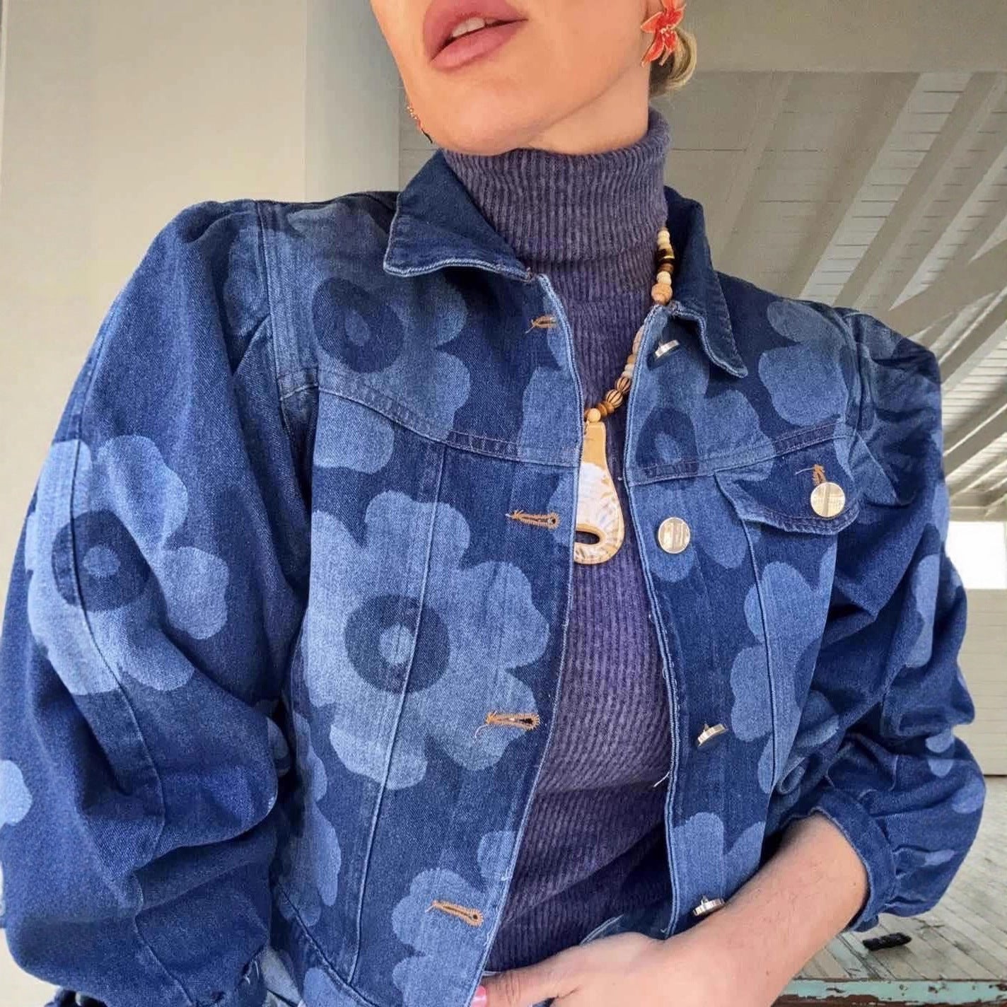 Short Collar Floral Denim Jacket